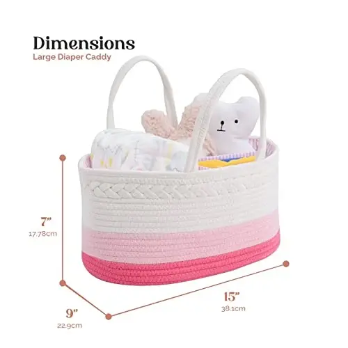 luxury little Diaper Caddy Organizer, Large Cotton Rope Nursery Basket, Changing Table Organizer for Baby Diaper Storage, Portable Car Organizer with Removable Divider, Baby Shower Gifts - Pink - LUXURY (1)