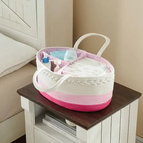 luxury little Diaper Caddy Organizer, Large Cotton Rope Nursery Basket, Changing Table Organizer for Baby Diaper Storage, Portable Car Organizer with Removable Divider, Baby Shower Gifts - Pink - 6