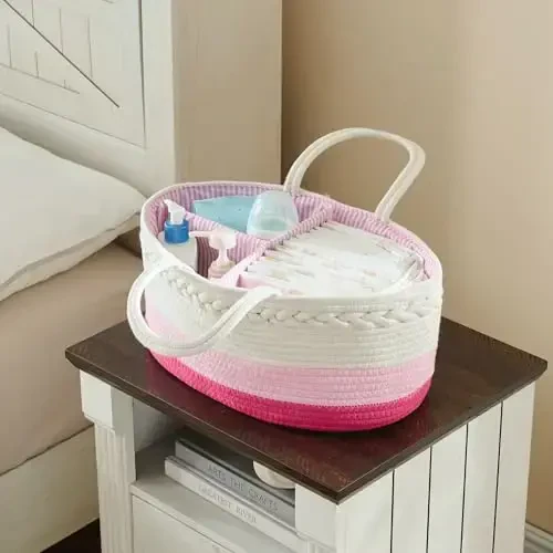 luxury little Diaper Caddy Organizer, Large Cotton Rope Nursery Basket, Changing Table Organizer for Baby Diaper Storage, Portable Car Organizer with Removable Divider, Baby Shower Gifts - Pink - 6