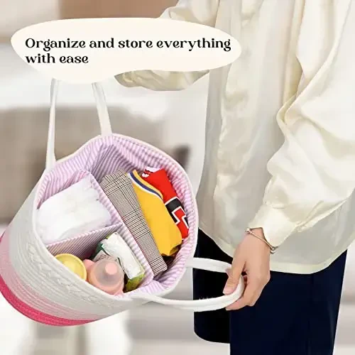luxury little Diaper Caddy Organizer, Large Cotton Rope Nursery Basket, Changing Table Organizer for Baby Diaper Storage, Portable Car Organizer with Removable Divider, Baby Shower Gifts - Pink - 7