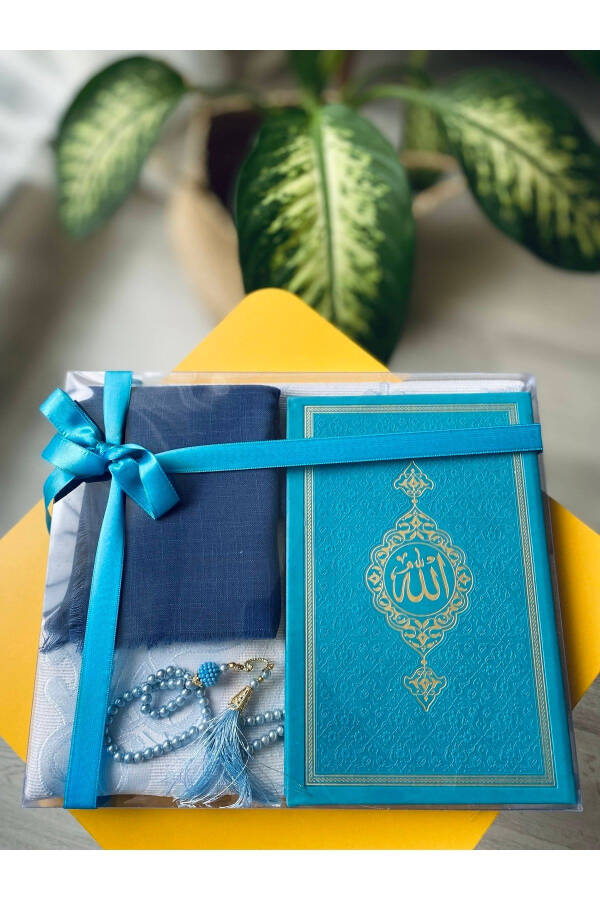 Luxury Mevlüt Gift Set Y220 Blue with Thermo Leather Yasin Book, Prayer Rug and Scarf - 1