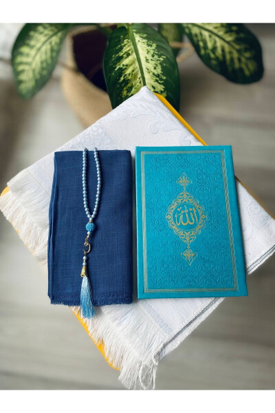 Luxury Mevlüt Gift Set Y220 Blue with Thermo Leather Yasin Book, Prayer Rug and Scarf - 2