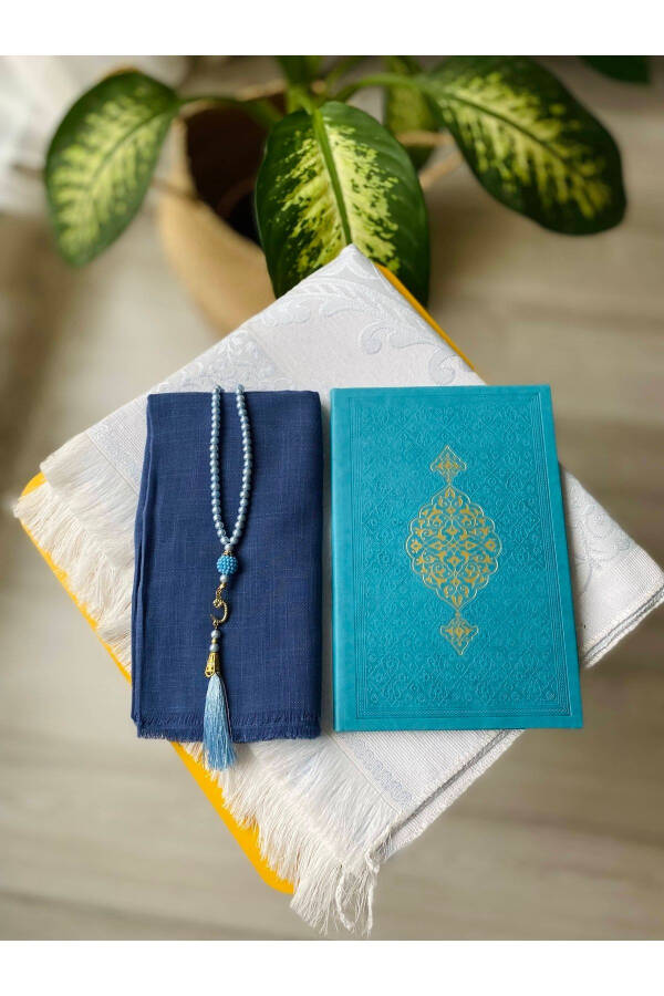 Luxury Mevlüt Gift Set Y220 Blue with Thermo Leather Yasin Book, Prayer Rug and Scarf - 4