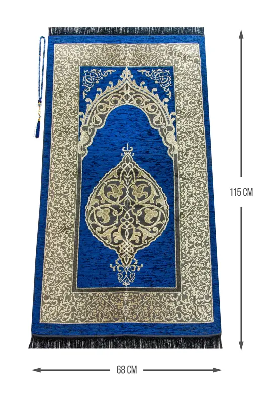 Luxury Ottoman Chenille Prayer Rug with Rosary Gift - Navy Blue-Navy Blue - İHVAN