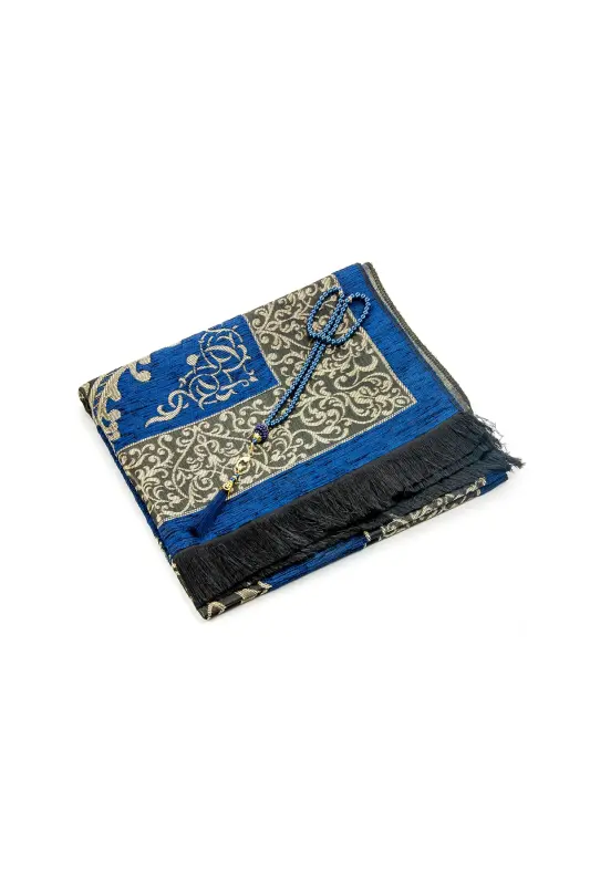 Luxury Ottoman Chenille Prayer Rug with Rosary Gift - Navy Blue-Navy Blue - 2