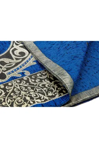 Luxury Ottoman Chenille Prayer Rug with Rosary Gift - Navy Blue-Navy Blue - 3