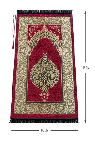 Luxury Ottoman Chenille Prayer Rug with Rosary Gift Red-Red 
