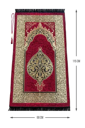 Luxury Ottoman Chenille Prayer Rug with Rosary Gift Red-Red - IHVAN ONLINE (1)