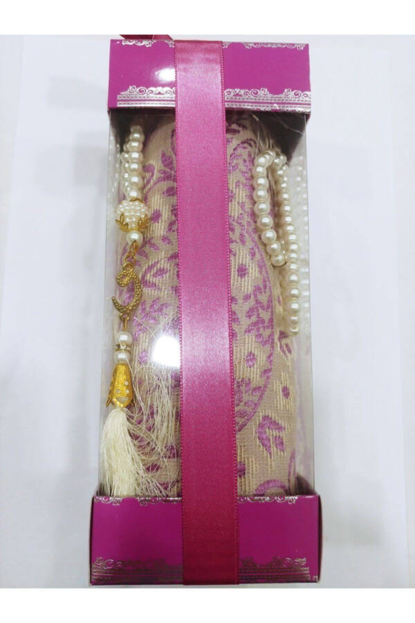 Luxury Ottoman Silk Lilac Pearl Tasbih Prayer Rug Gift Box - 1