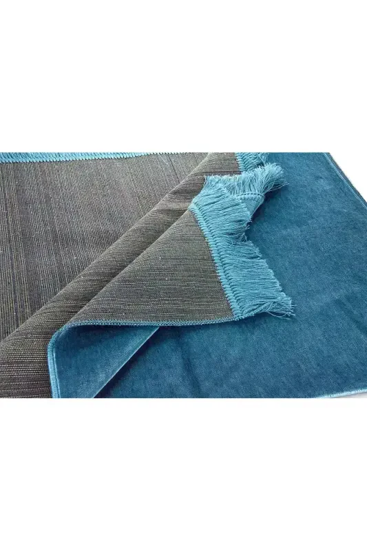 Luxury Plain Unpatterned Velvet Velour Prayer Rug Blue-Blue - 3