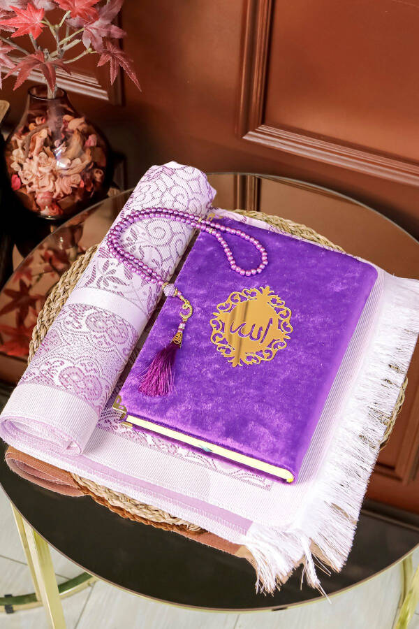 Luxury Quran Set with Wooden Stand Velvet Quran Pearl Tasbeeh Prayer Rug Set - 2