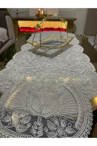 Luxury Runner Living Room Coffee Table Tablecloth French Guipure Dowry (Cappuccino) 1 Piece New Runner (133X45CM-Cappuccino - TEKSTILSA (1)