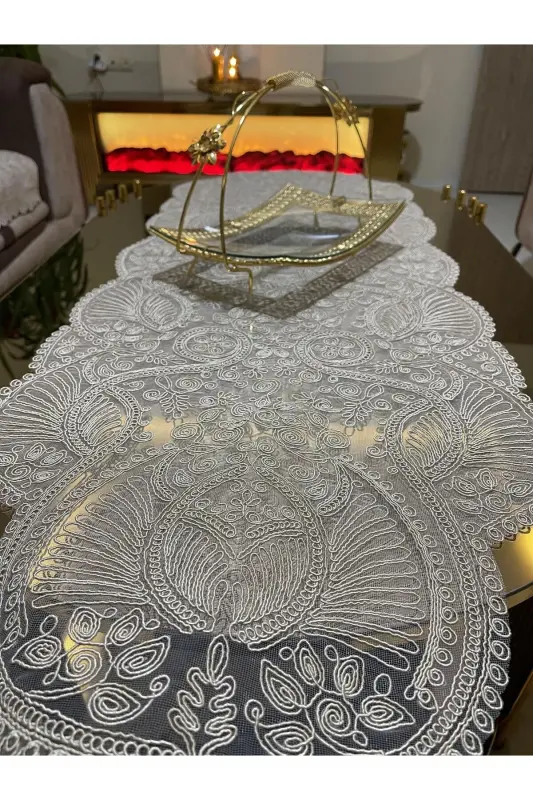 Luxury Runner Living Room Coffee Table Tablecloth French Guipure Dowry (Cappuccino) 1 Piece New Runner (133X45CM-Cappuccino - 3