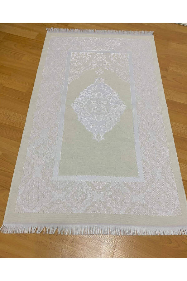 Luxury taffeta prayer rug set with a gift box, including a pink prayer rug and pearl prayer beads. - 2