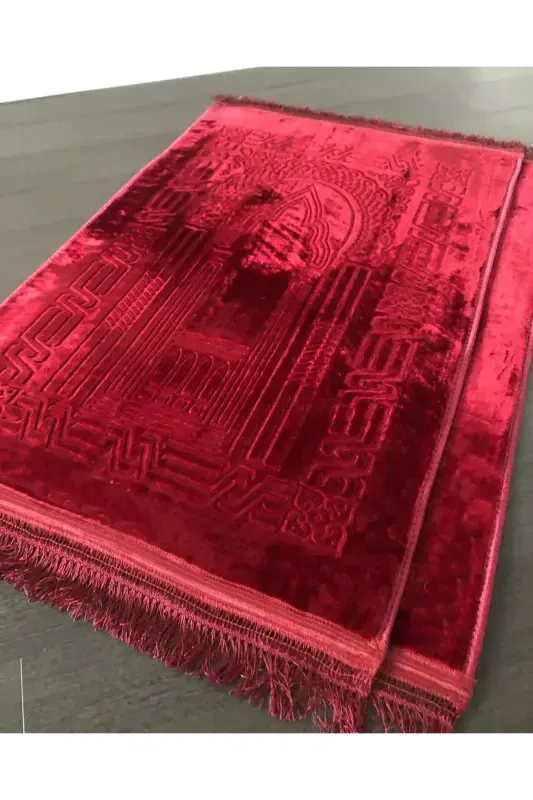 Luxury Thick Soft Plush Prayer Rug Non-Slip Base Dowry Gift-Red - 2