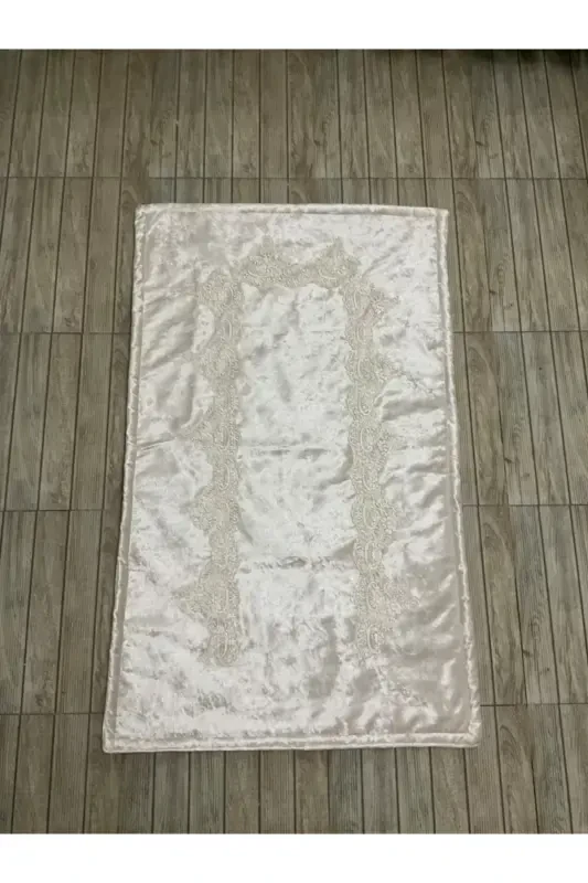 Luxury Velvet Prayer Rug - Dowry Gift Velvet Prayer Rug-Cream1 - 1