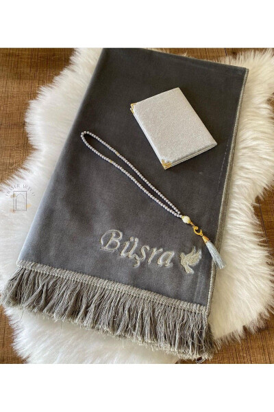 Luxury velvet prayer rug with personalized name. 
