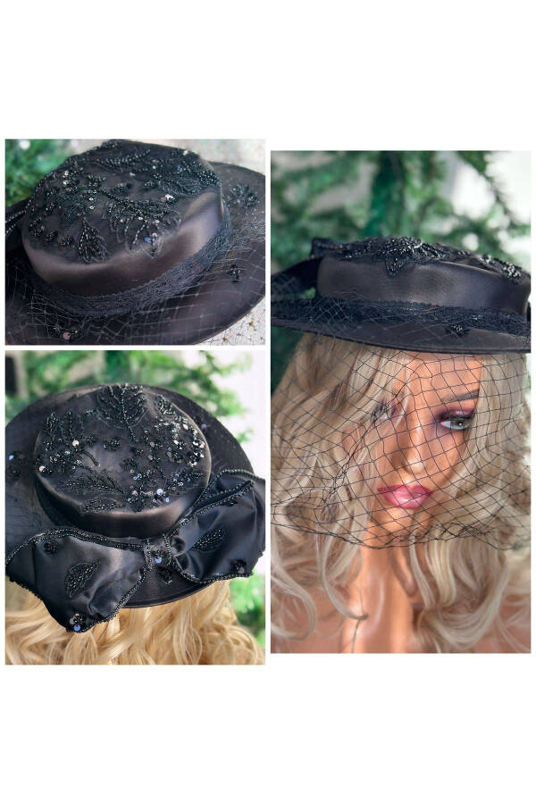 Luxury Vintage Veil Satin Beaded Embroidered Bow Big Hat Bridal Wedding Hat Hair Black - 1