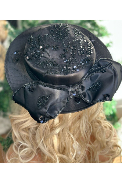 Luxury Vintage Veil Satin Beaded Embroidered Bow Big Hat Bridal Wedding Hat Hair Black - 2