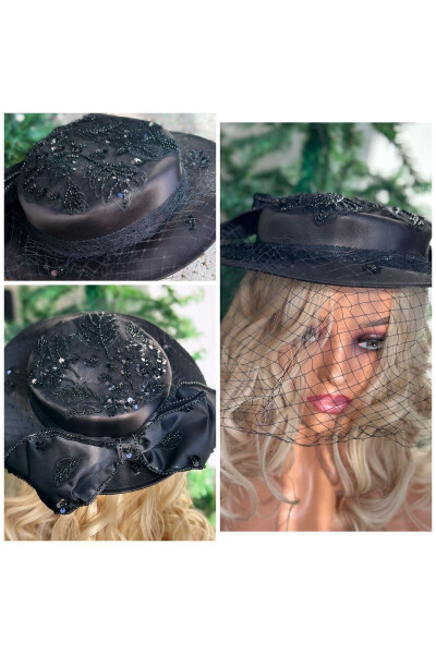 Luxury Vintage Veil Satin Beaded Embroidered Bow Big Hat Bridal Wedding Hat Hair Black - QUEEN AKSESUAR