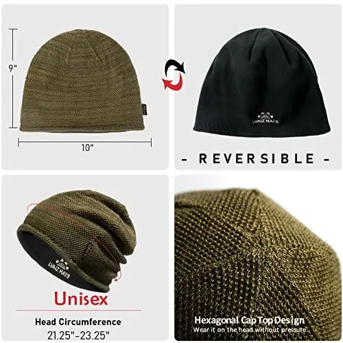 Lvaiz Mens Qishki shapka, erkaklar uchun iliq jun bilan qoplangan bosh suyagi shapkasi, ayollar uchun shamolga chidamli soat shapkasi, trikotaj iliq unisex shapka - 5