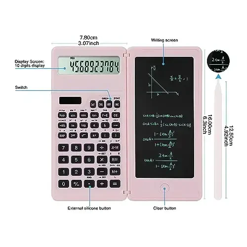 LveSunny Scientific Calculators for Middle School & High School, Solar and Battery Power with Notepad for School，10 Digits Digital with Erasable Writing Board Math Calculator (Pink) - 3