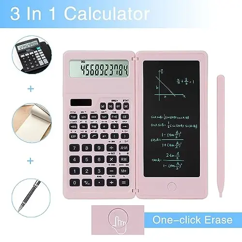 LveSunny Scientific Calculators for Middle School & High School, Solar and Battery Power with Notepad for School，10 Digits Digital with Erasable Writing Board Math Calculator (Pink) - 2