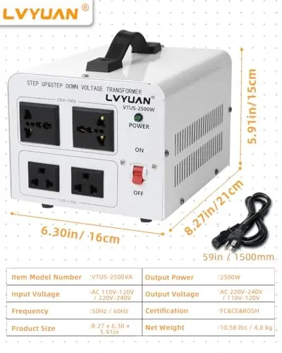LVYUAN 2500W Voltage Transformer Power Converter Step Up 110V to 220V, Step Down 220V to 110V, 110/120 Volt - 220/240 Volt - 7