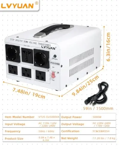 LVYUAN 5000W Voltage Transformer Power Converter Step Up 110V to 220V, Step Down 220V to 110V, 110/120 Volt - 220/240 Volt 
