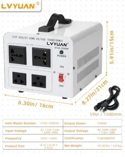 LVYUAN 800W Voltage Transformer Step Up 110V to 220V, Step Down 220V to 110V Voltage Converter with US, UK & European Power Cords - 7