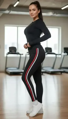 Lycra Cotton, Red and White Striped Slim Fit Sports Tights - Black - Black - 1