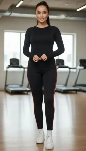 Lycra Cotton, Red and White Striped Slim Fit Sports Tights - Black - Black - 2