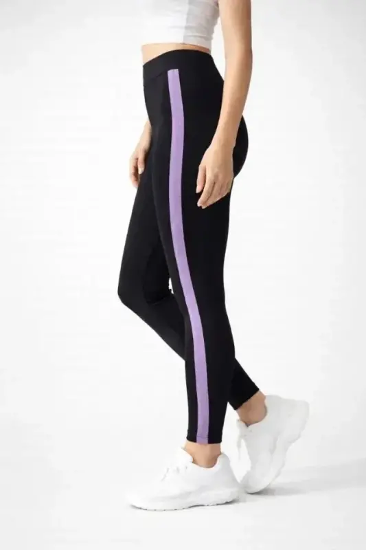 Lycra Detailed Leggings with Lilac Side Stripe - Black - 1
