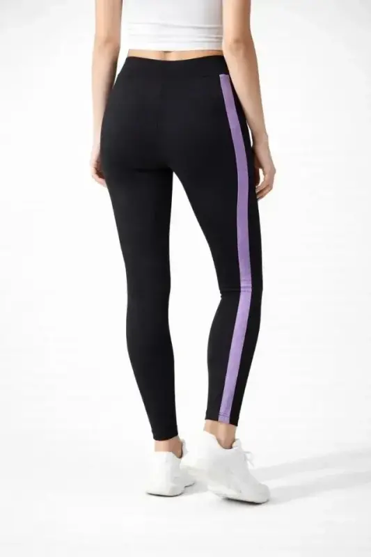 Lycra Detailed Leggings with Lilac Side Stripe - Black - 2