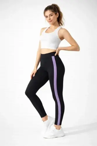 Lycra Detailed Leggings with Lilac Side Stripe - Black - 3