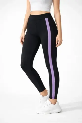 Lycra Detailed Leggings with Lilac Side Stripe - Black - 4