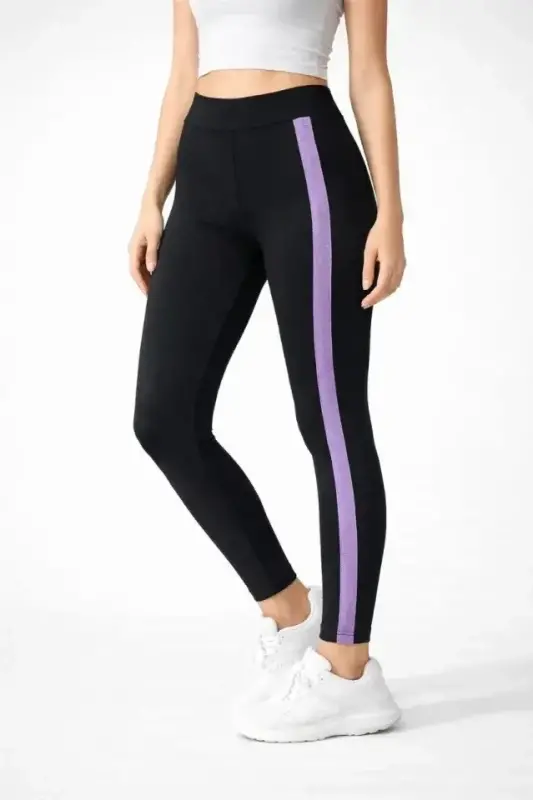 Lycra Detailed Leggings with Lilac Side Stripe - Black - 4