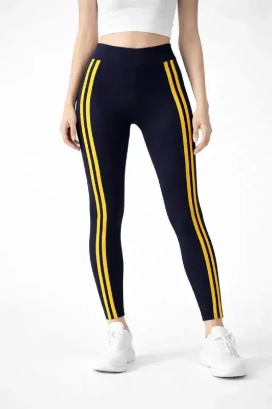 Lycra Detailed Leggings with Side Yellow Stripe - Black - BÜYÜKBEDENIZ