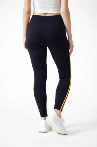 Lycra Detailed Leggings with Side Yellow Stripe - Black - 4