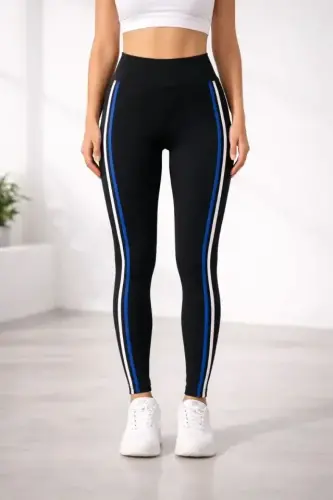 Lycra Detailed Leggings with White Blue Side Stripe - Black - 1