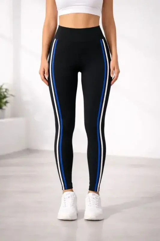 Lycra Detailed Leggings with White Blue Side Stripe - Black - 1
