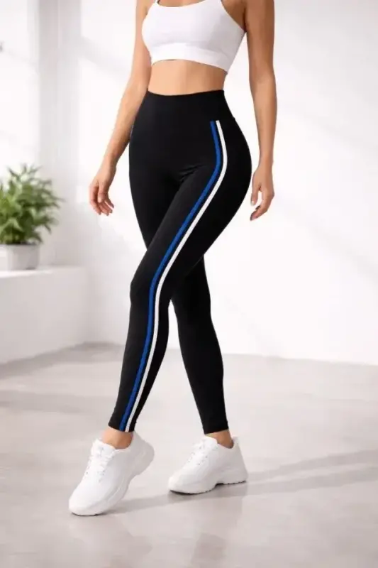 Lycra Detailed Leggings with White Blue Side Stripe - Black - 4