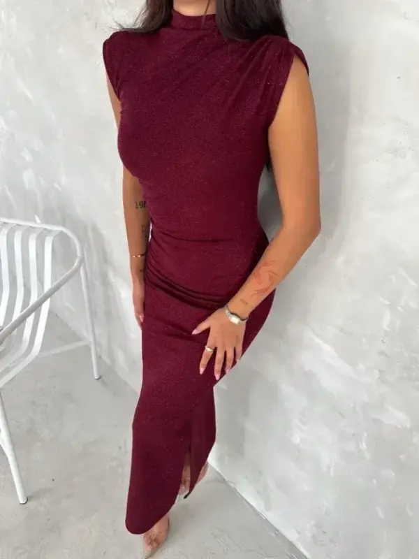 Lycra Glittery Fabric Side Slit Long Dress Elegant Sleeveless Evening Dress - Burgundy - 1