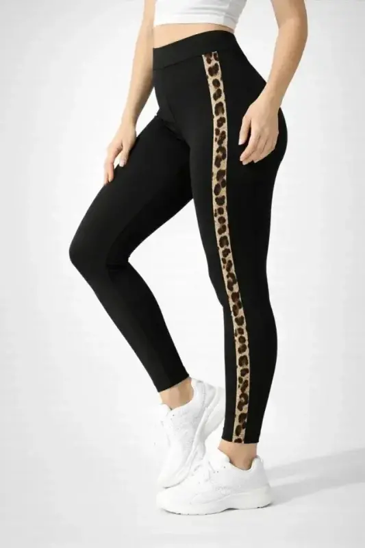 Lycra Side Leopard Striped Detailed Leggings - Black - BÜYÜKBEDENIZ