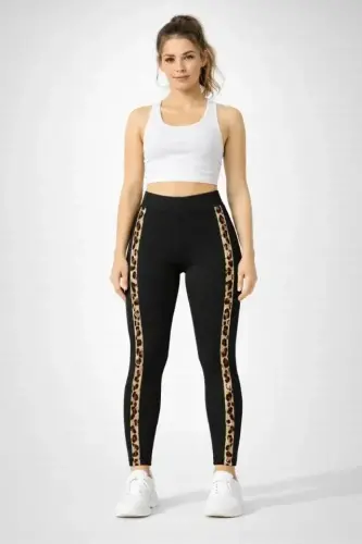 Lycra Side Leopard Striped Detailed Leggings - Black - 3