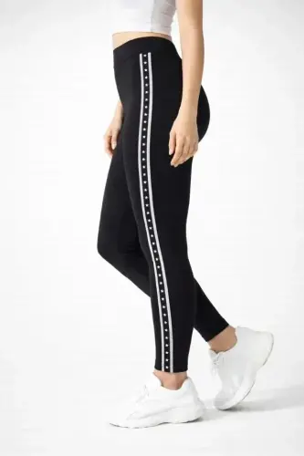 Lycra Side Star Striped Detailed Tights - Black - 1