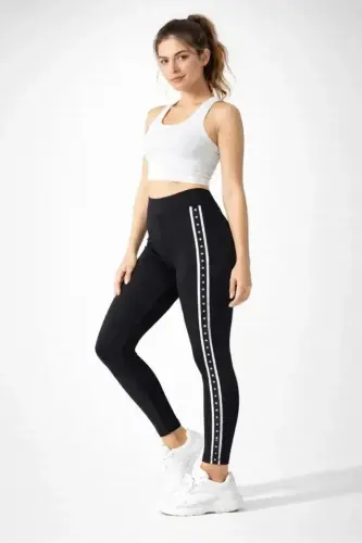 Lycra Side Star Striped Detailed Tights - Black - 3