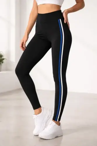 Lycra Side White Blue Striped Detailed Tights - Black - BÜYÜKBEDENIZ (1)