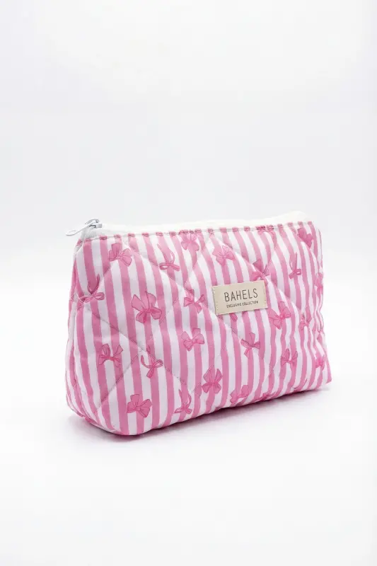 Lyla Çizgili Pembe Fiyonk Makyaj Çantası-Pembe32 - 2