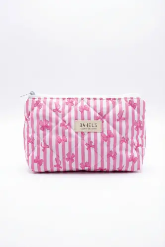 Lyla Çizgili Pembe Fiyonk Makyaj Çantası-Pembe32 